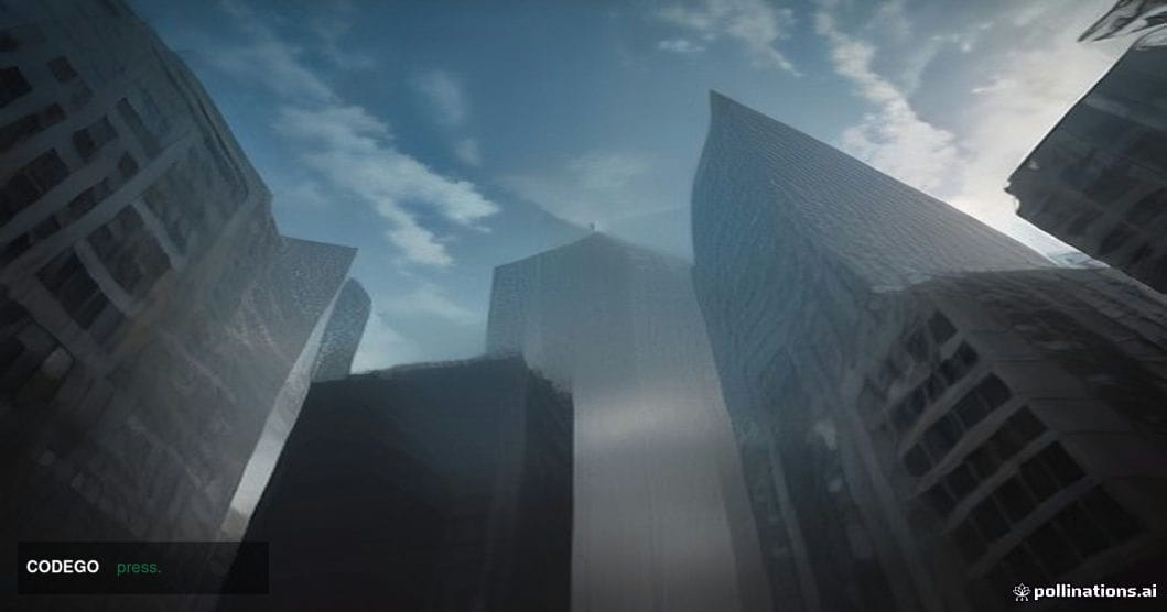 A cinematic editorial photograph shot at ground level looking upward along a grand European financial boulevard — think Bruss