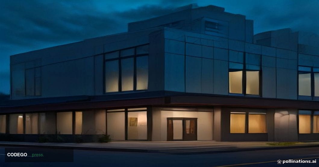 A cinematic editorial photograph of a sleek Pacific Northwest credit union branch exterior at dusk, set against a dramatic ov