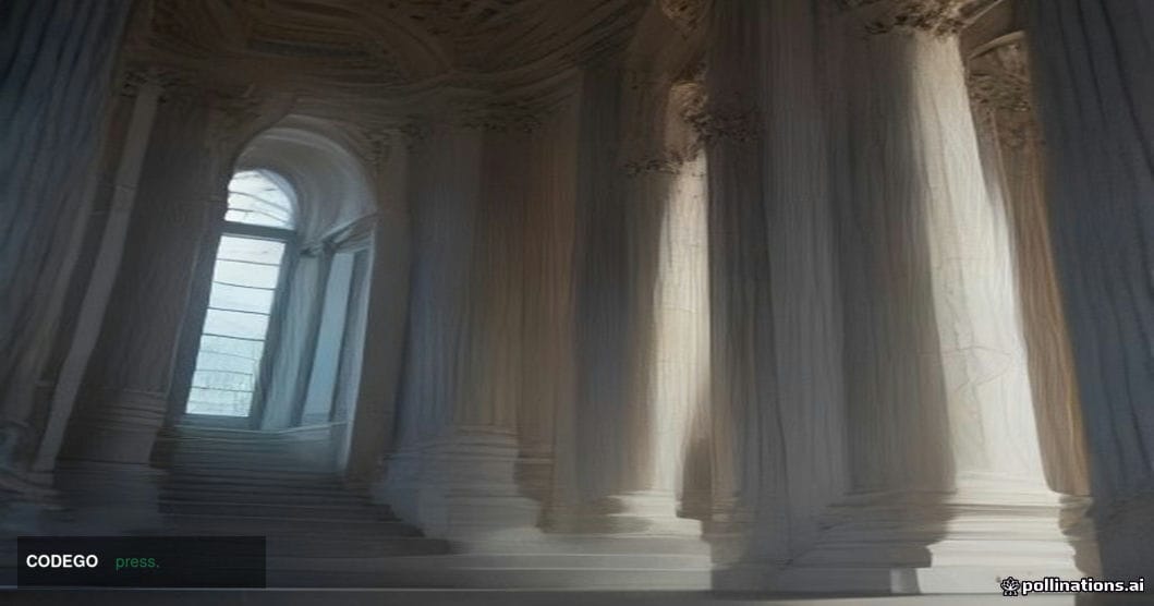 A cinematic editorial photograph shot from a low angle looking up at the neoclassical marble columns of the United States Sen