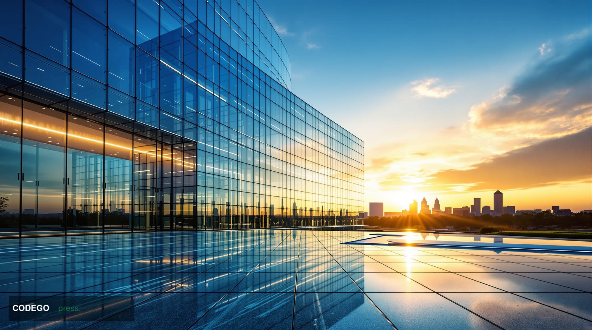 A cinematic editorial photograph taken at ground level looking upward at the gleaming modernist glass facade of a Central Asi