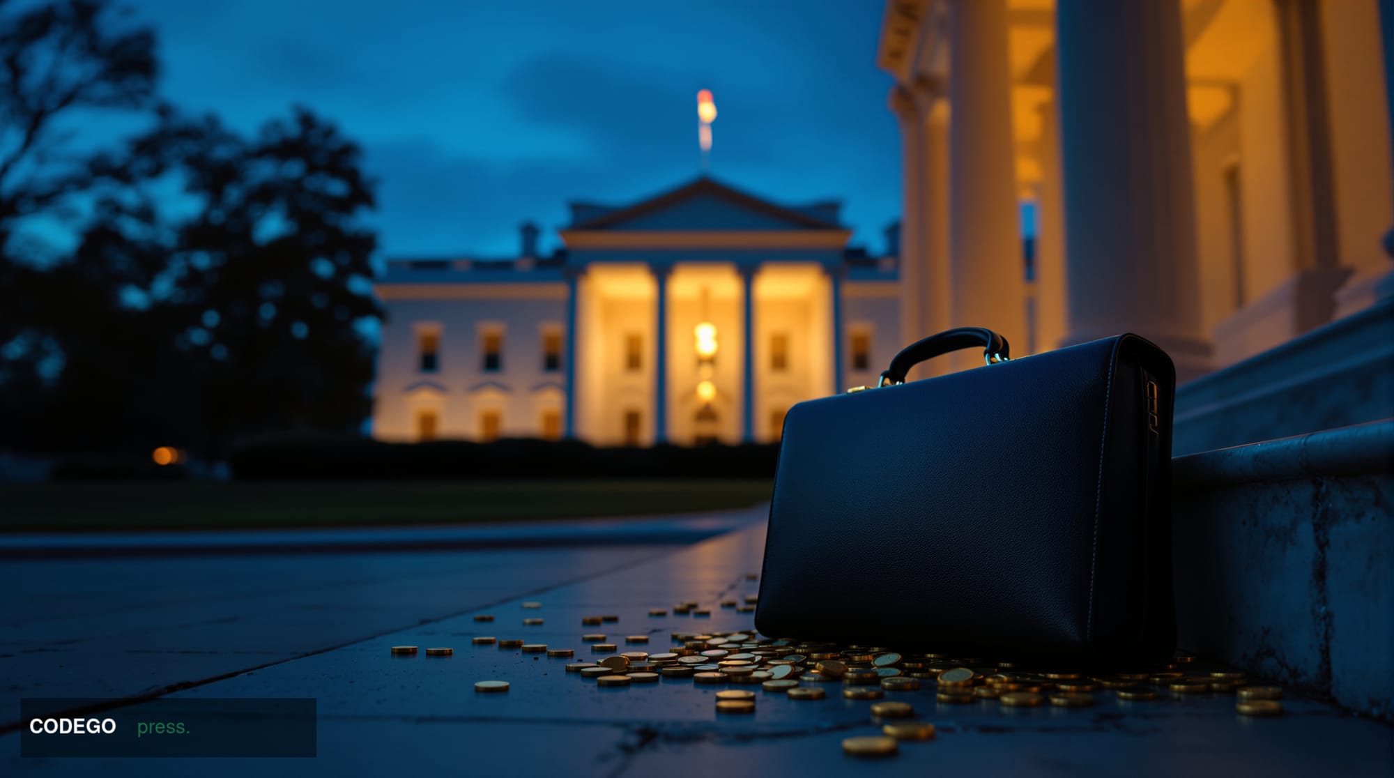 A cinematic editorial photograph set in Washington D.C., shot from a low angle at dusk looking up toward the iconic South Law