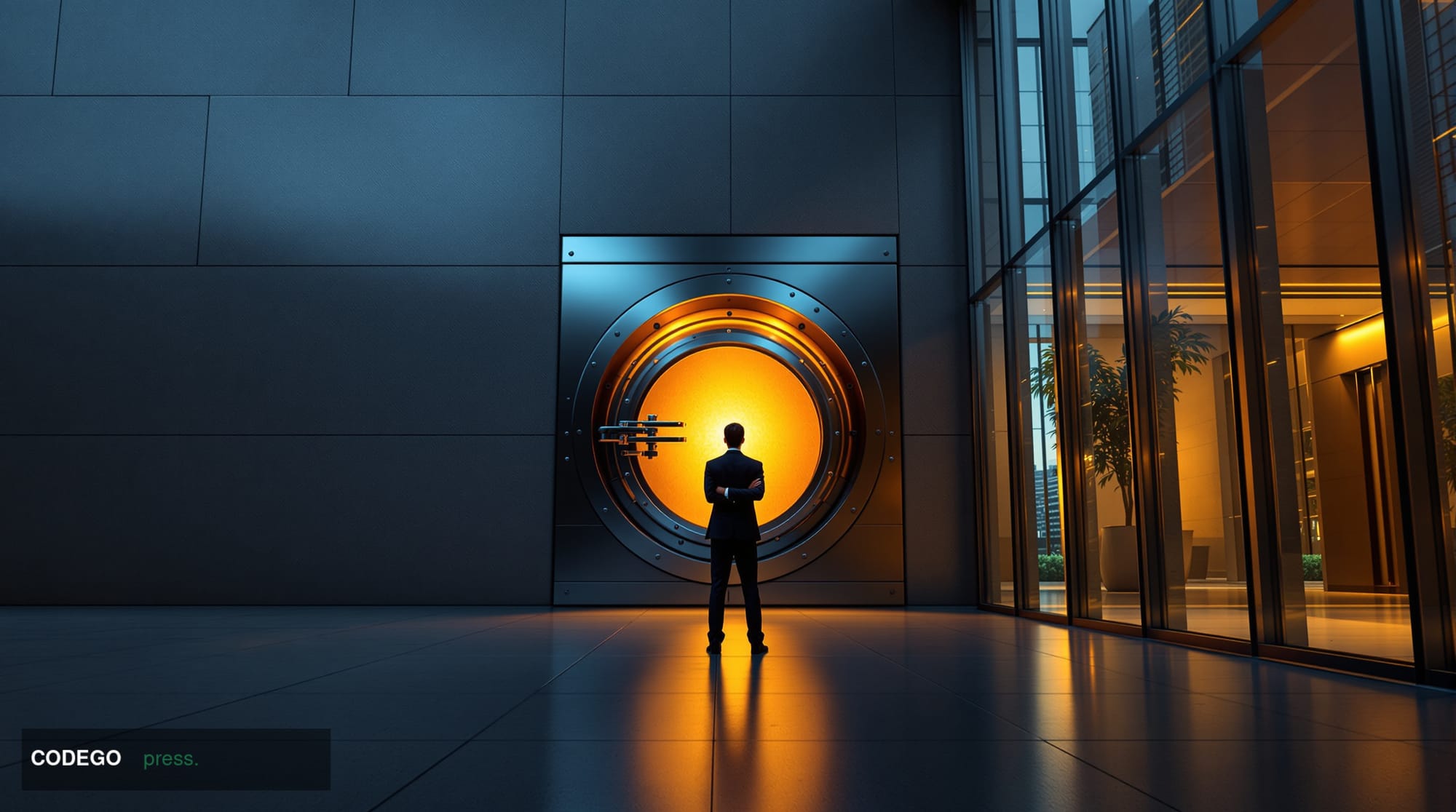 A photorealistic cinematic editorial photograph set in a dramatically lit financial operations center, with a close-up foregr
