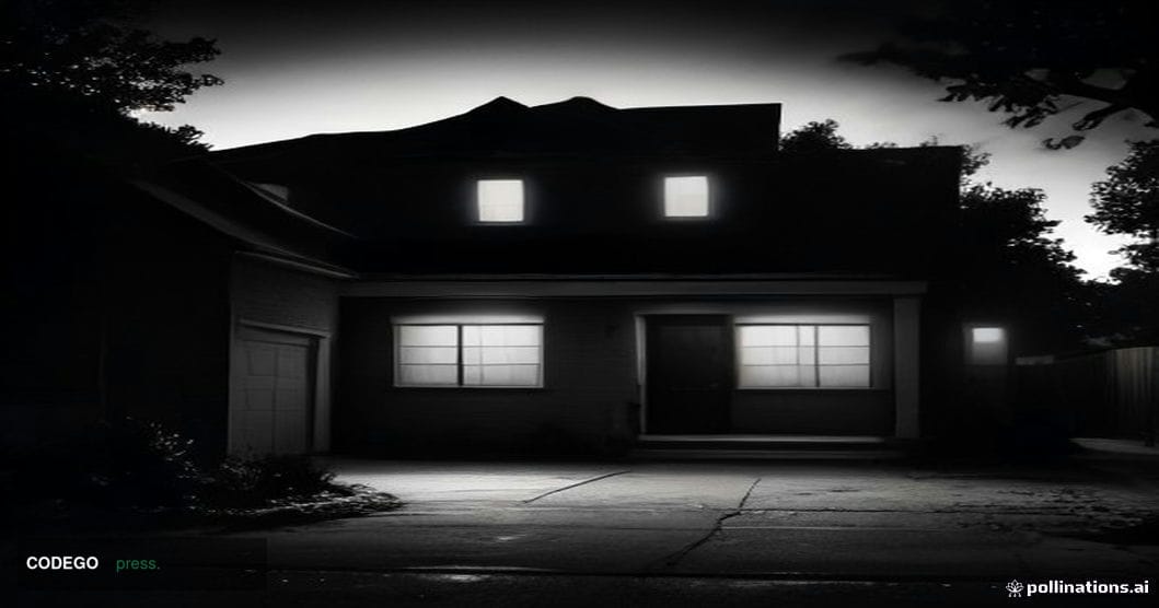 A dramatic cinematic editorial photograph of a darkened suburban Texas residential street at night, shot from a low angle loo