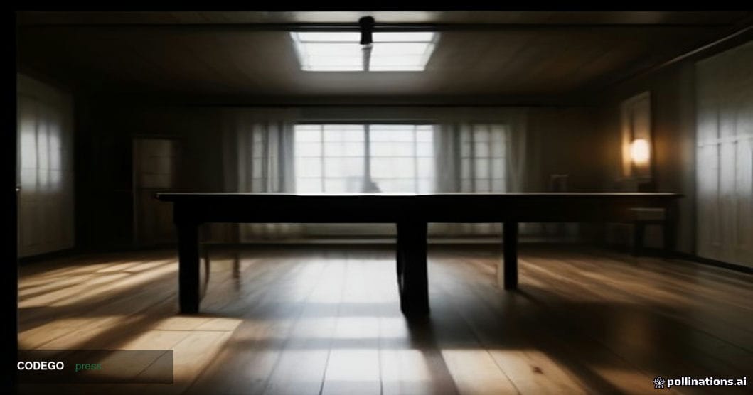 A tense, cinematic editorial photograph shot from a low angle inside a sparse, dimly lit suburban home interior, with dramati