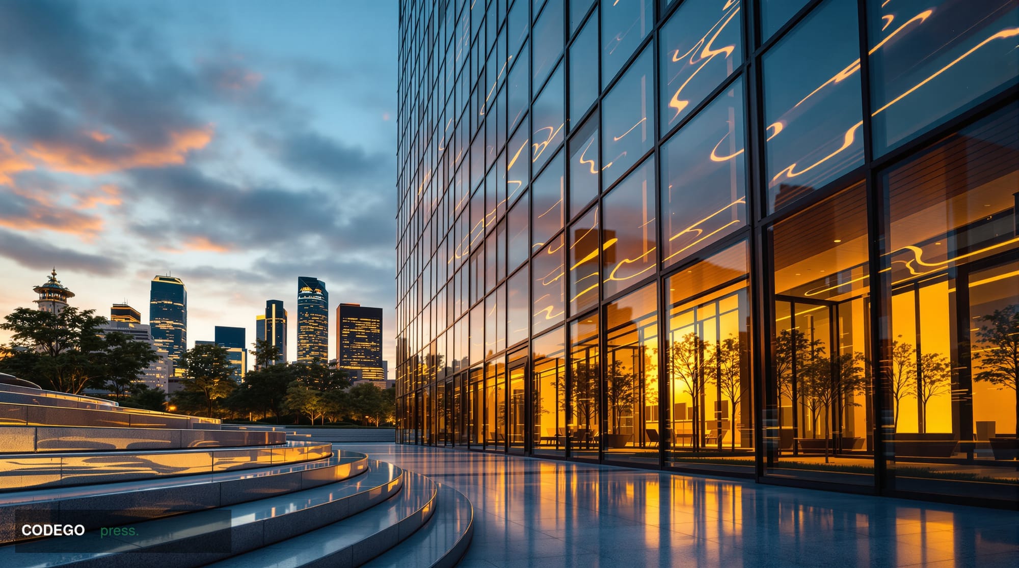 A wide-angle cinematic exterior shot of a modern glass-and-steel regional bank headquarters building in downtown Houston, Tex