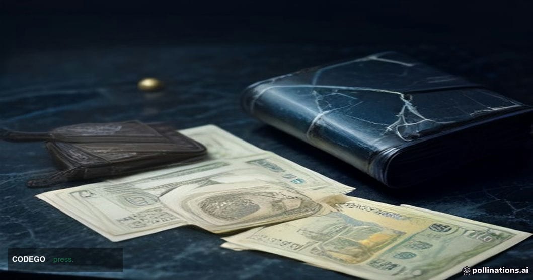 A cinematic editorial photograph depicting two distinct financial worlds converging: in the foreground, a worn leather wallet