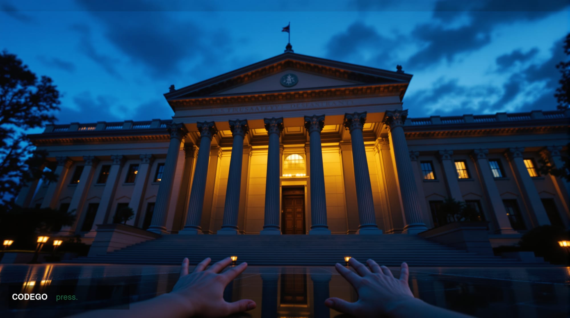 A wide-angle cinematic exterior shot of the U.S. Treasury Department's neoclassical granite headquarters in Washington D.C., 