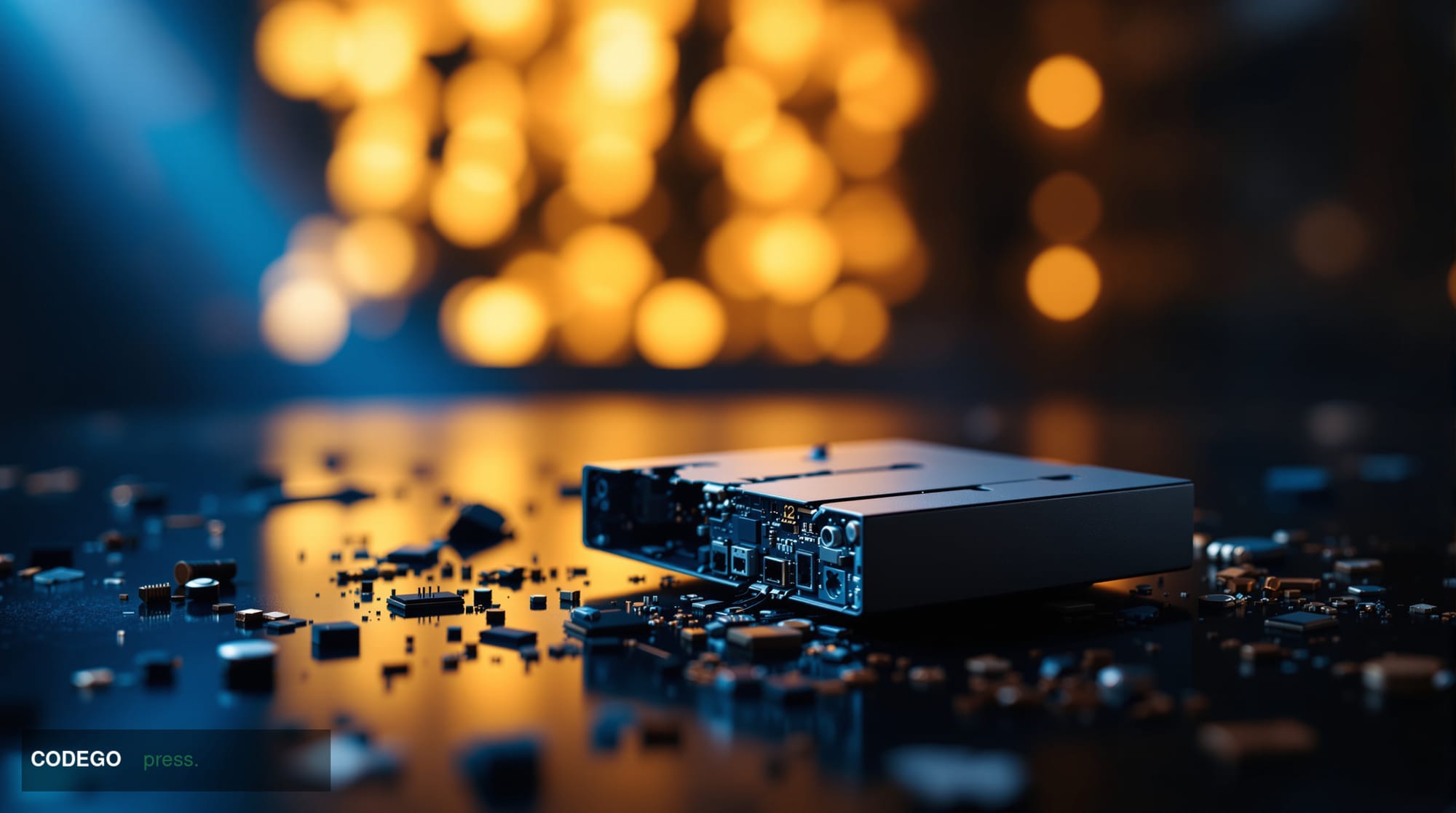 A cinematic editorial photograph shot at a low angle looking up at a sleek, minimalist hardware security device resting on a 