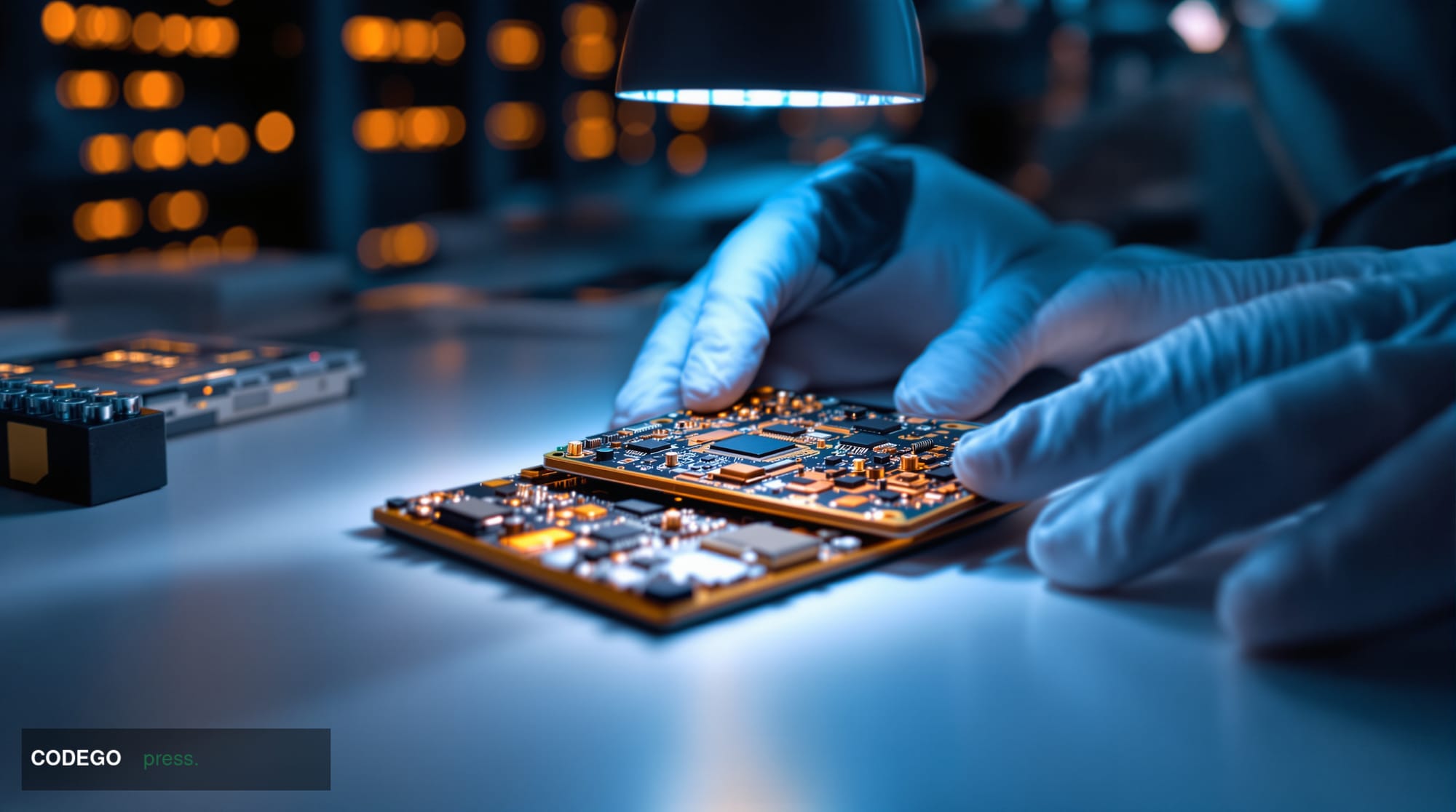 A photorealistic editorial photograph of a high-security electronics supply chain environment, featuring a close-up of an ope