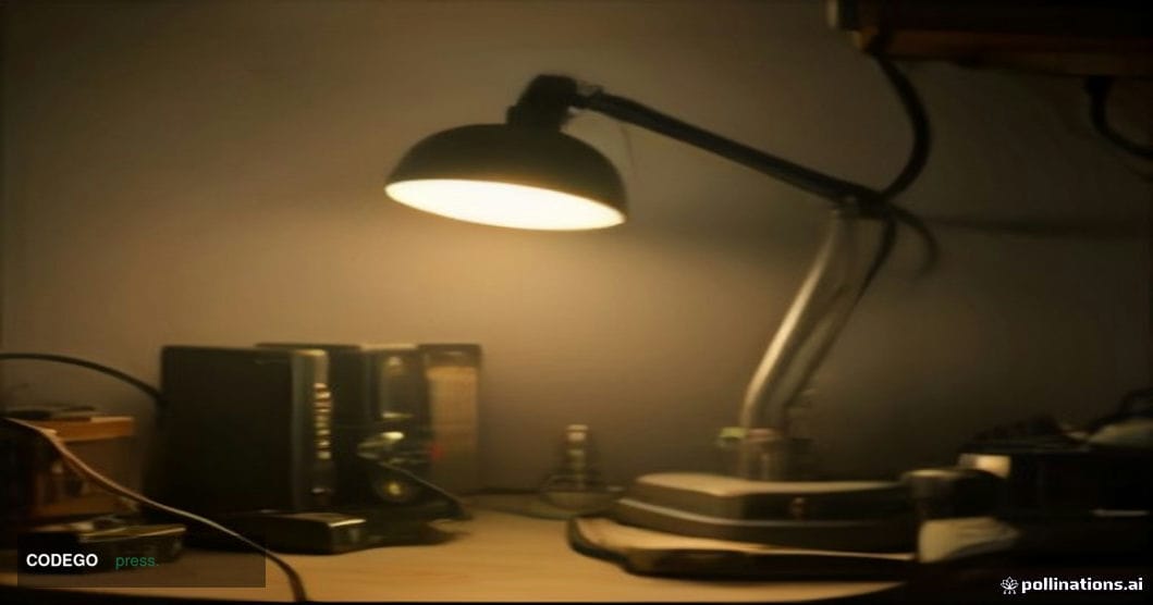 A dimly lit electronics workbench shot from a low 35mm angle, foreground dominated by a disassembled compact hardware securit