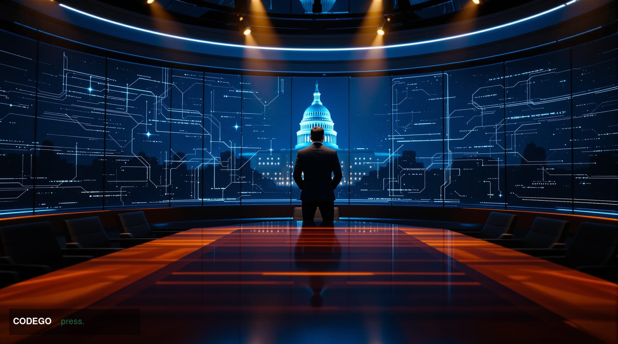 A cinematic editorial photograph set inside a grand, minimalist government operations center bathed in cool blue and warm amb