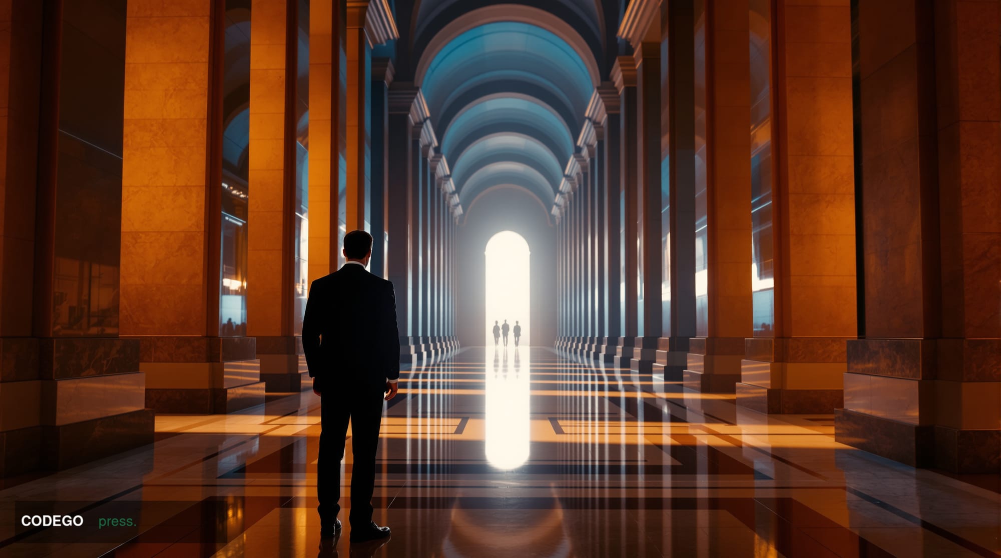 A cinematic editorial photograph set inside a grand federal government corridor in Washington D.C., with soaring marble colum