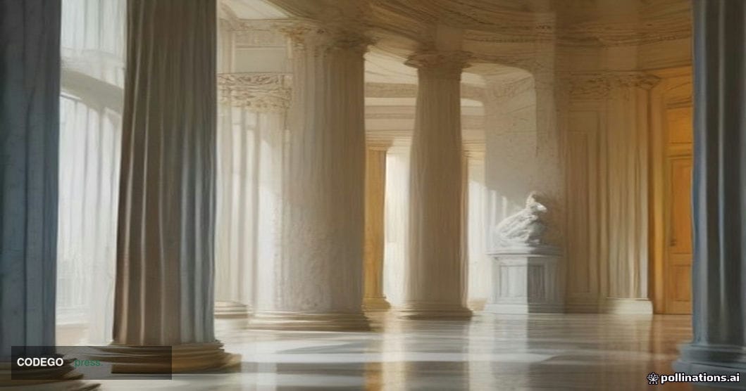 A dramatic split-scene editorial photograph taken from a low-angle perspective inside a monumental neoclassical bank lobby — 