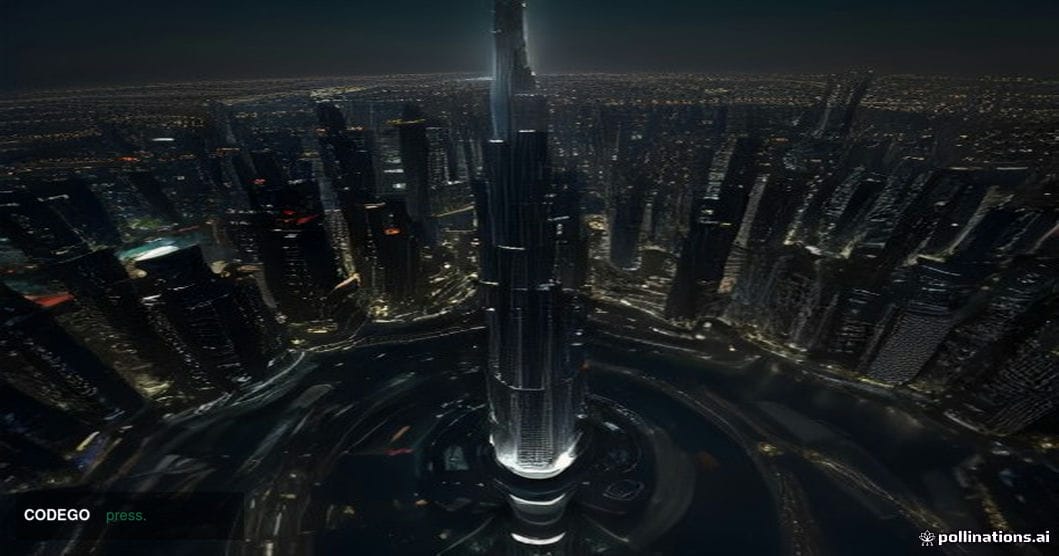 A dramatic aerial cinematic shot looking down at the gleaming glass and steel skyline of Dubai at dusk, with the Burj Khalifa