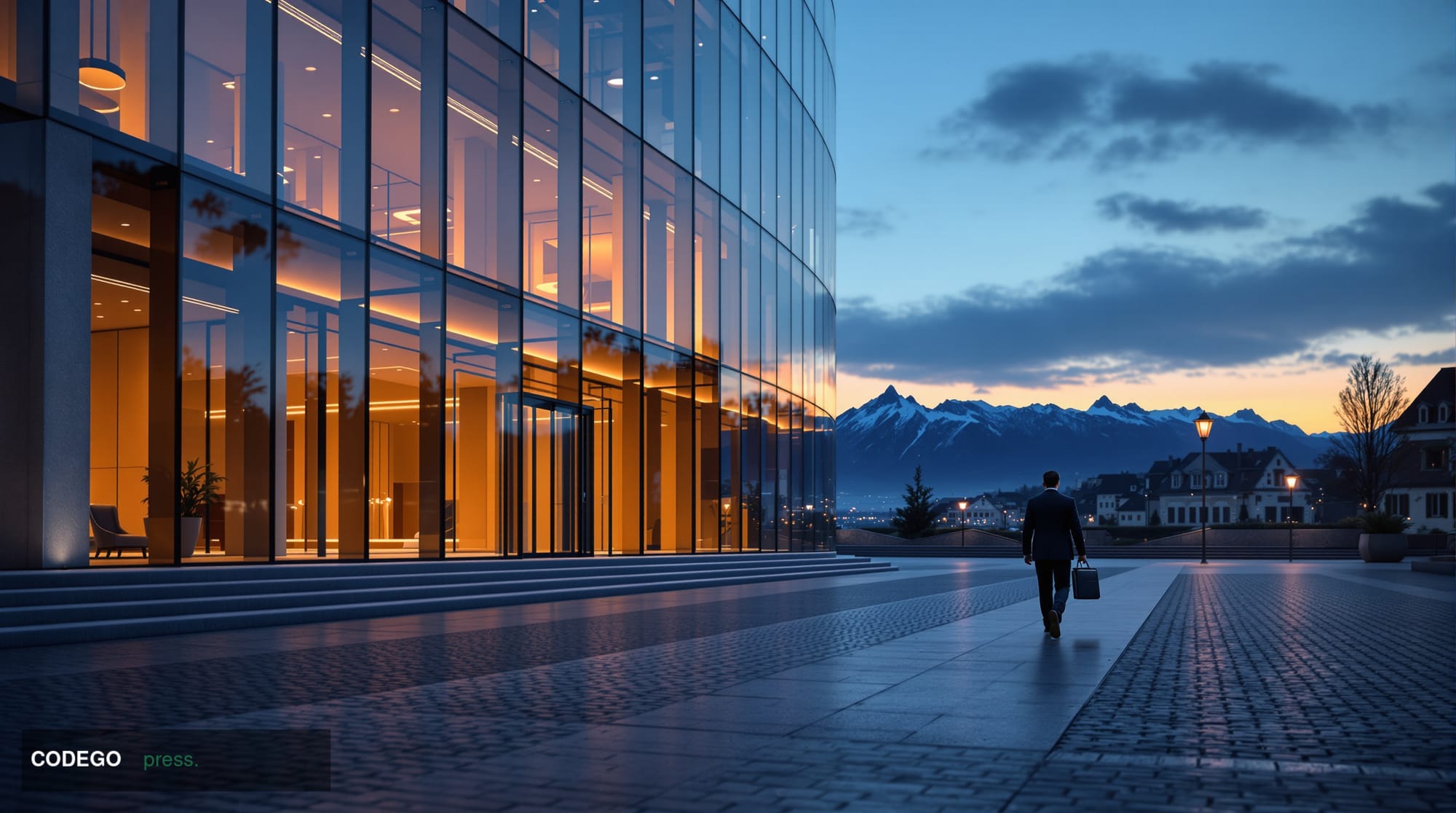 A cinematic editorial photograph of a grand Swiss banking headquarters exterior at dusk, rendered in photorealistic 8K qualit