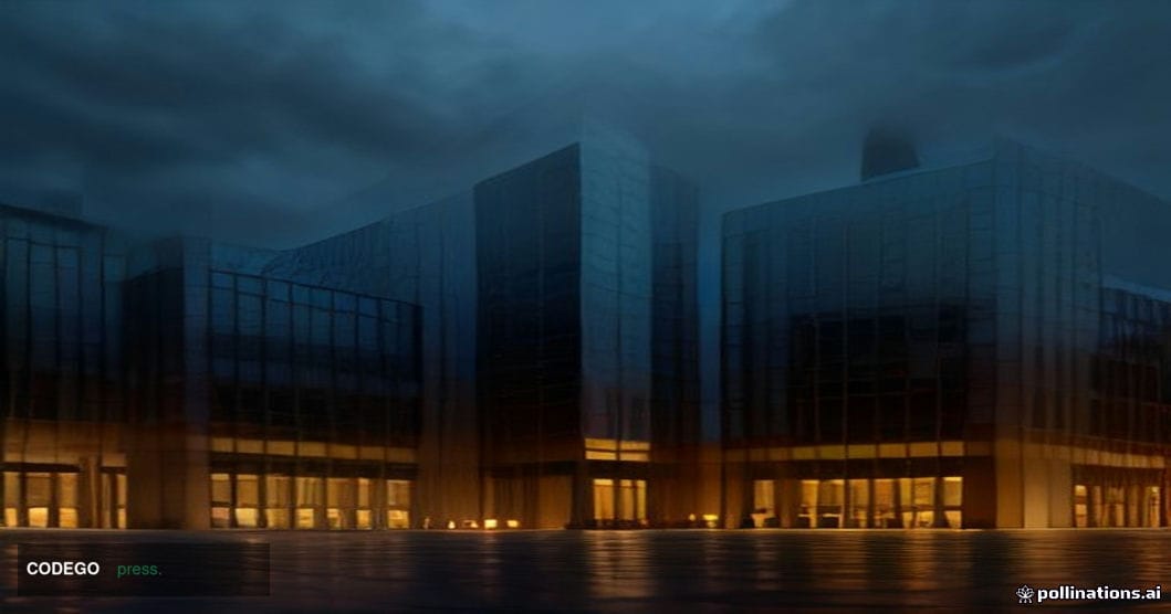A dramatic wide-angle shot of a grand Swiss financial district streetscape at dusk, dominated by a monumental glass-and-stone