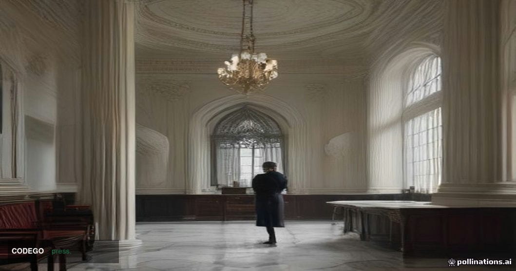 A dramatic cinematic editorial photograph set inside a grand, classically-architected British bank interior — think soaring s