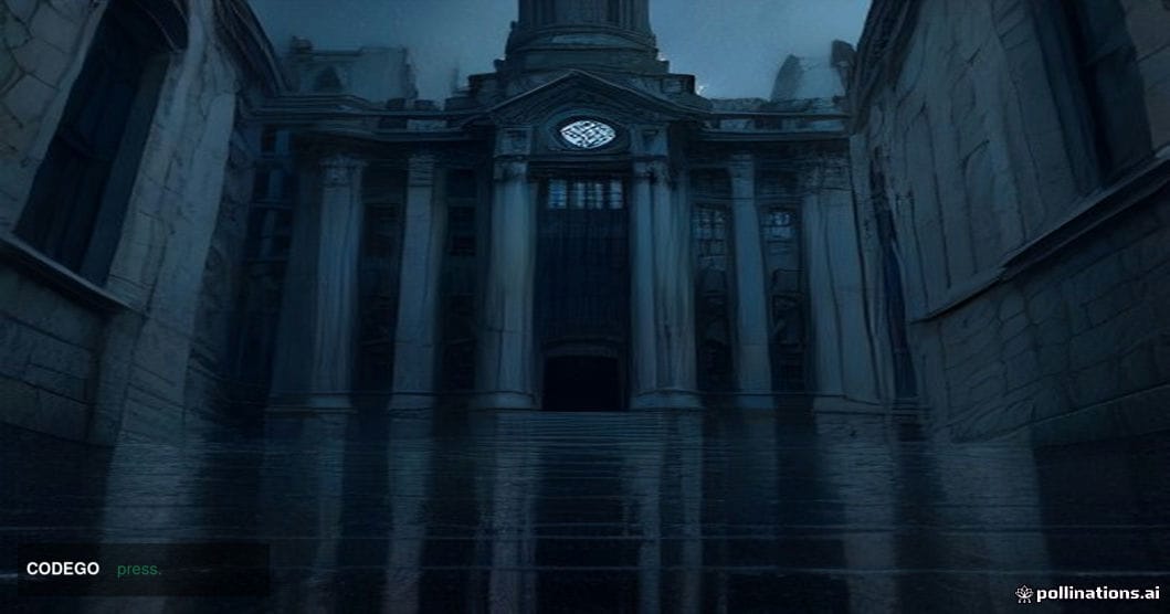 A cinematic editorial photograph shot from a low angle looking up at the imposing stone and glass facades of two large tradit
