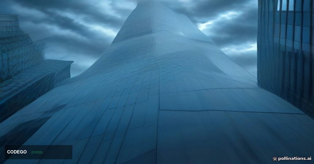 A cinematic editorial photograph shot from a low angle looking up at the glass-and-steel facade of a grand governmental regul