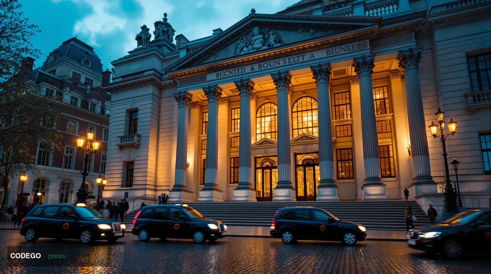 A cinematic editorial photograph of the exterior of a grand neoclassical financial regulatory building in the City of London,