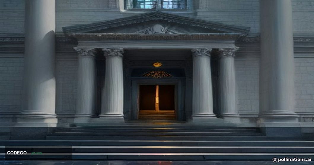 A cinematic editorial photograph of the exterior of a grand neoclassical financial authority building in London, bathed in co