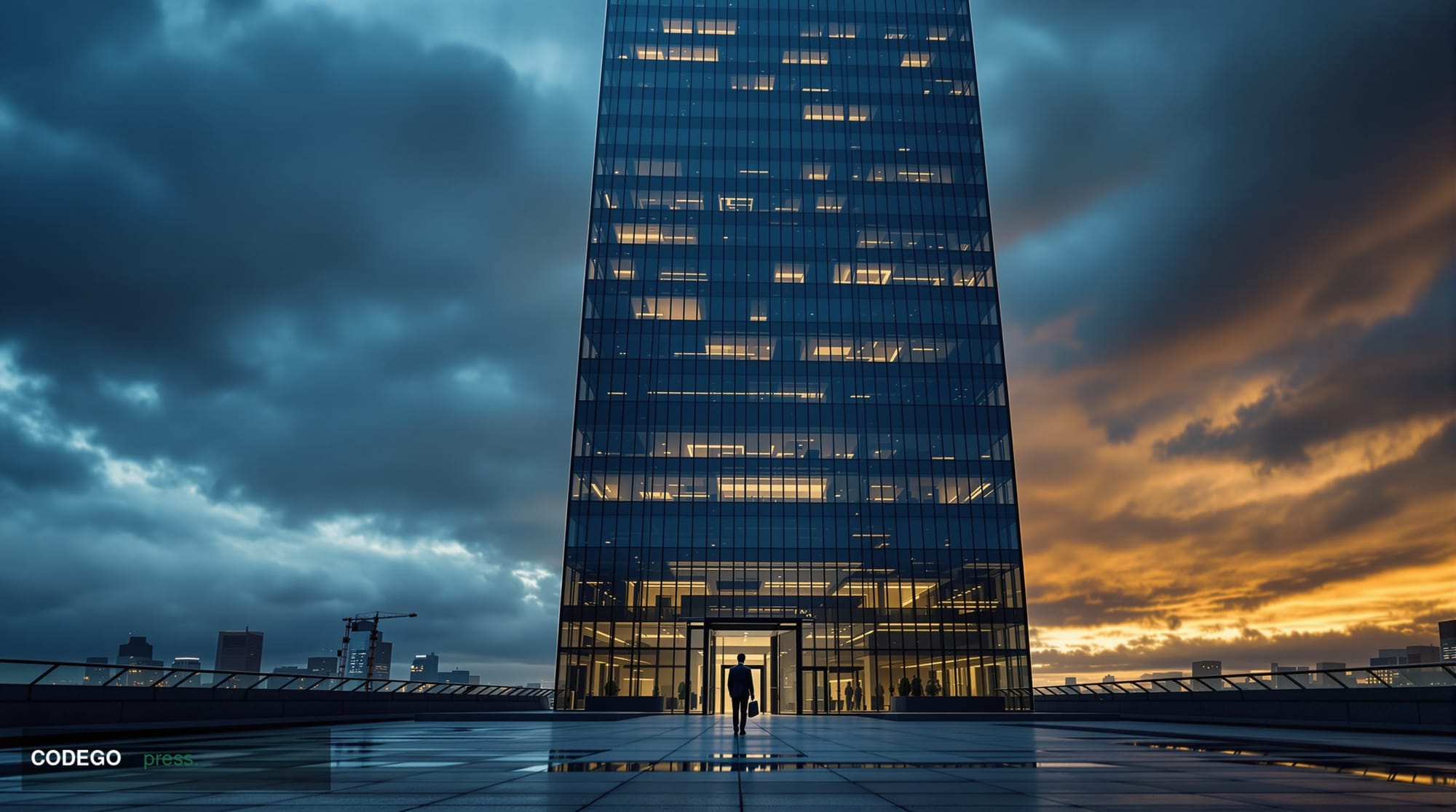 A wide-angle cinematic editorial photograph taken at ground level looking up at the glass-and-steel facade of a modern London