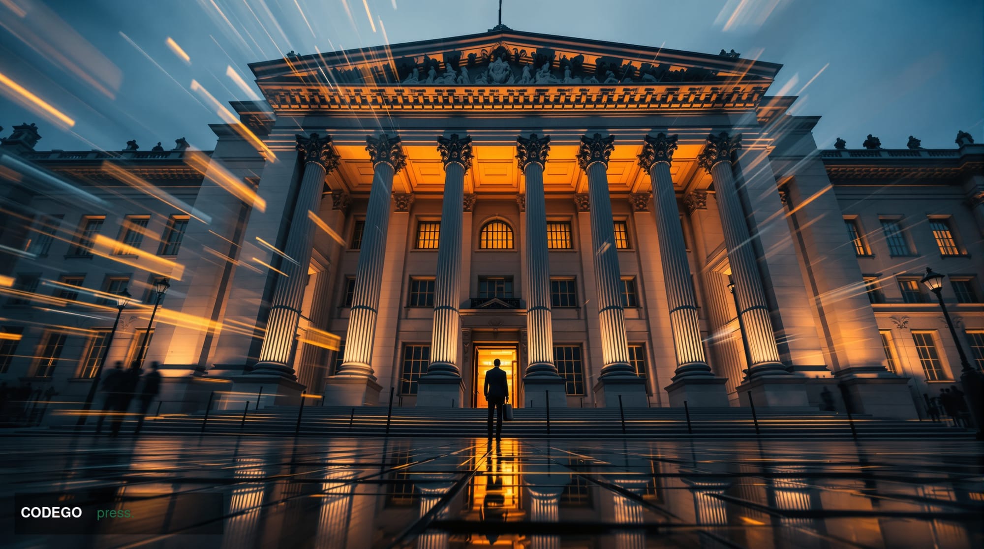 A cinematic photorealistic editorial photograph shot from a low angle looking up at the austere Portland stone facade of the 