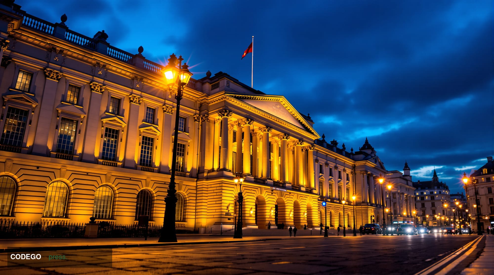 A cinematic editorial photograph of the exterior of HM Treasury's grand neoclassical stone building on Horse Guards Road in W