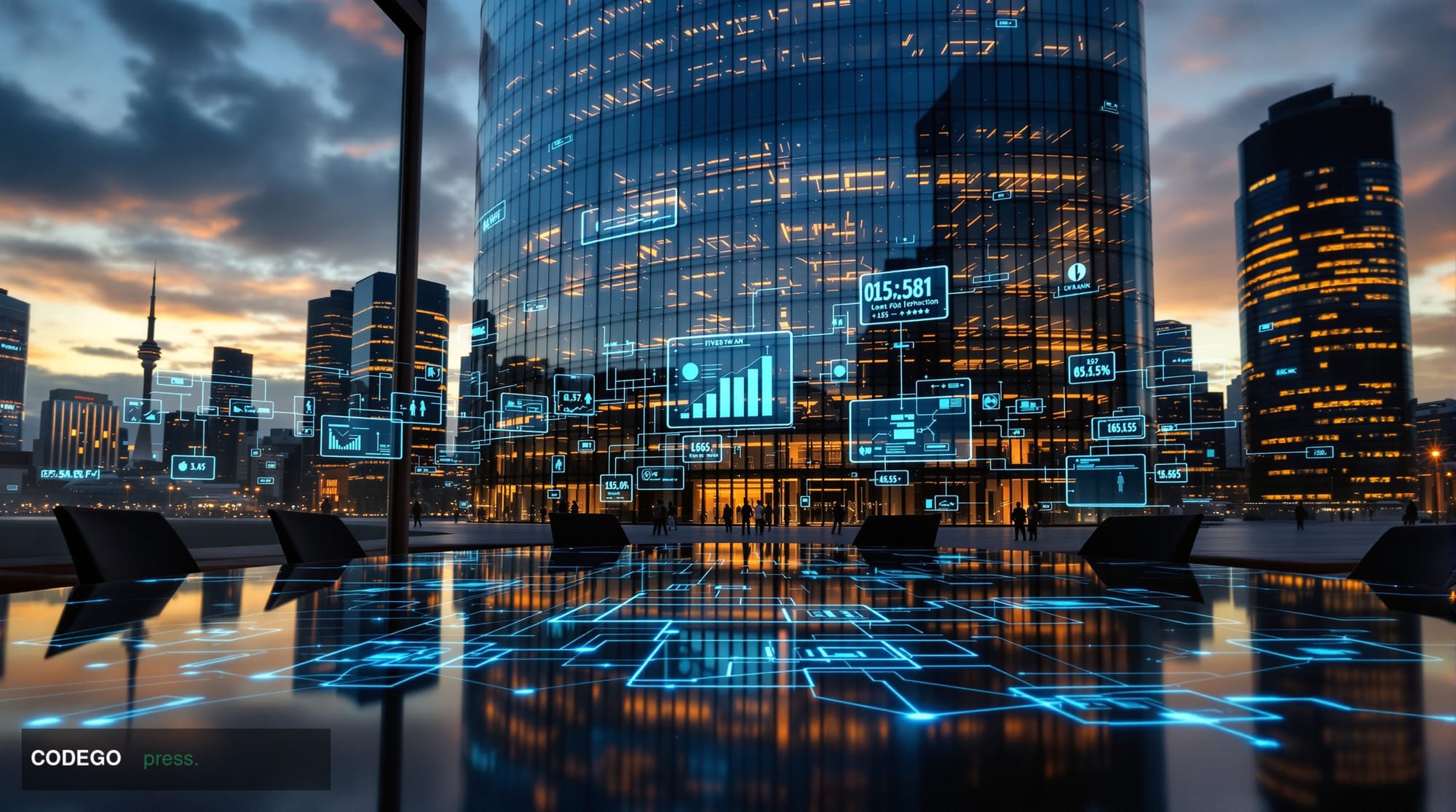 # Image Prompt:

A modern glass-fronted financial technology headquarters building in London's Canary Wharf district, shot du