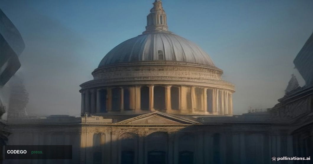 A cinematic editorial photograph of a grand, modernist glass-and-steel financial district building in the City of London, wit