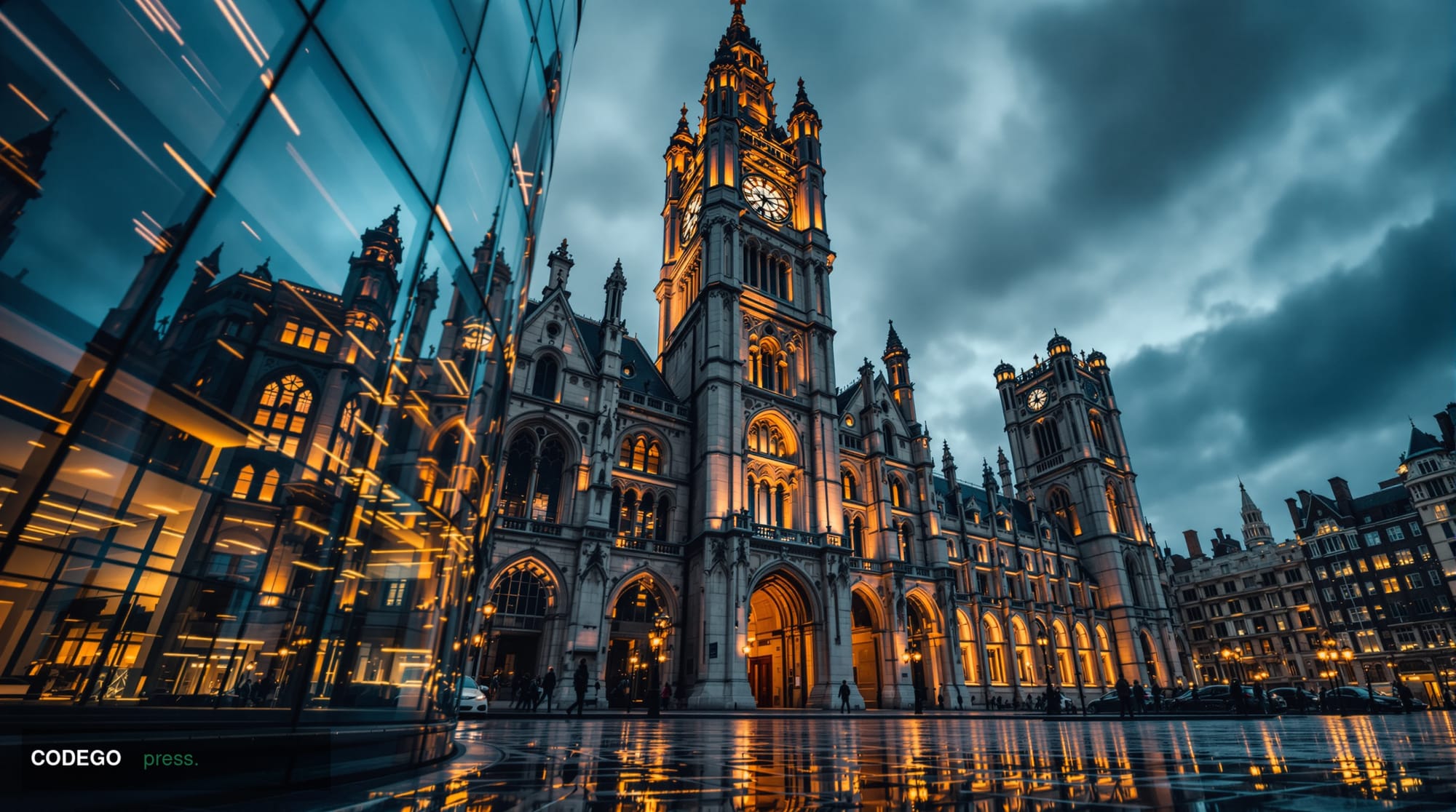 A dramatic cinematic editorial photograph taken from a low angle looking up at the imposing neo-Gothic stone facade of the Pa