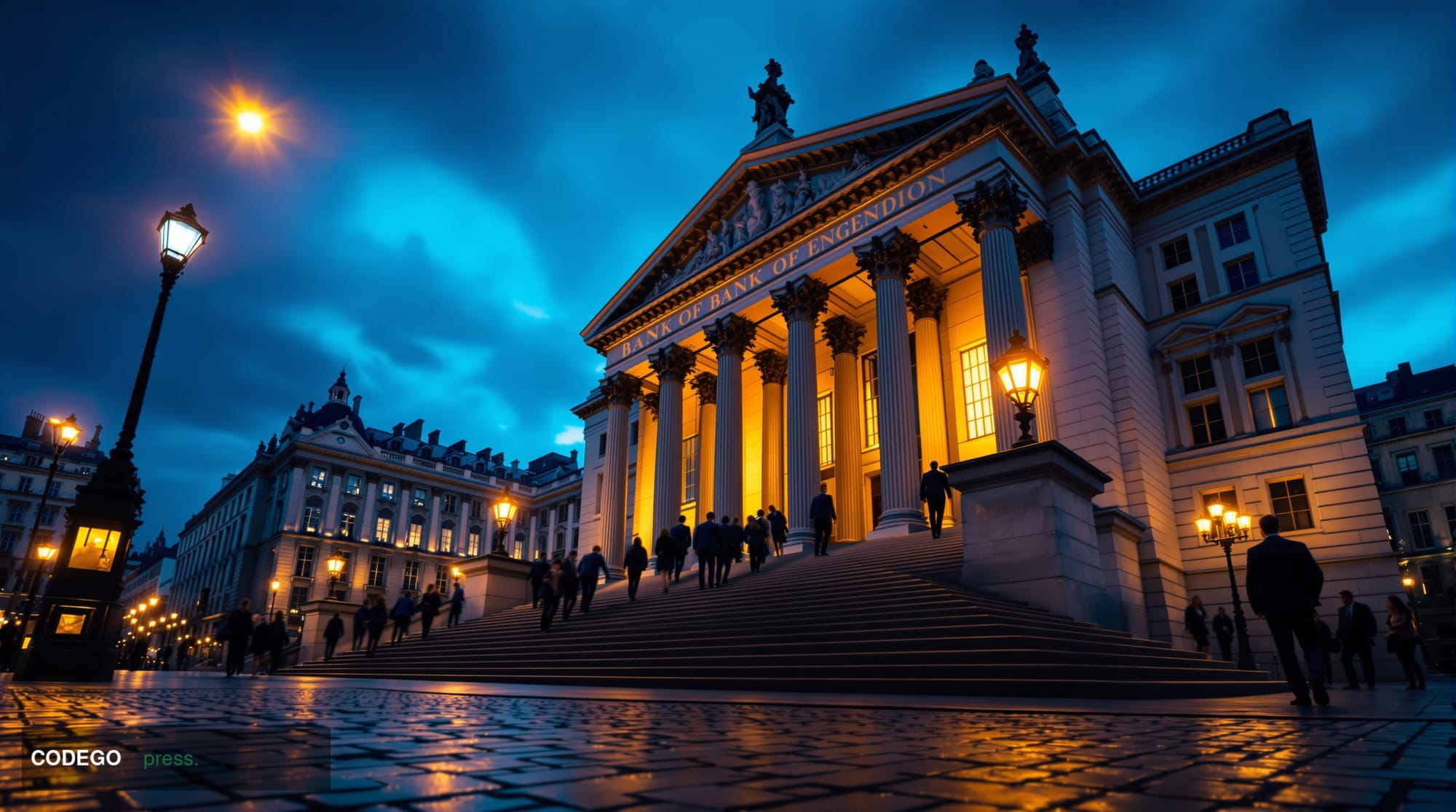 A cinematic editorial photograph taken at ground level looking upward along the facade of the Bank of England's neoclassical 