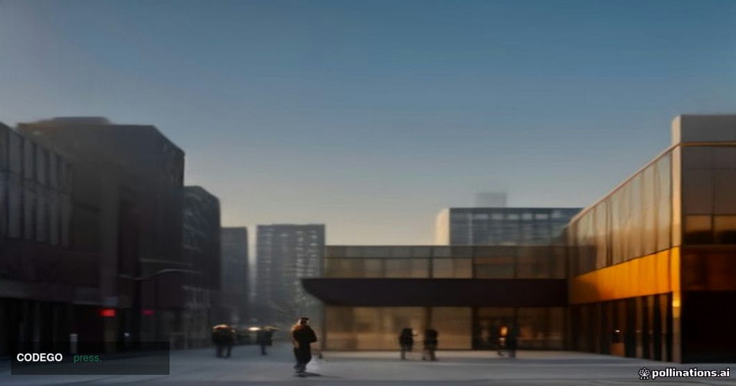 A cinematic editorial photograph of a sleek Minneapolis corporate banking campus exterior at golden hour, glass and steel faç