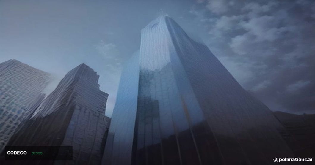 A cinematic editorial photograph of a towering Minneapolis corporate glass skyscraper at dawn, shot from a low angle looking 