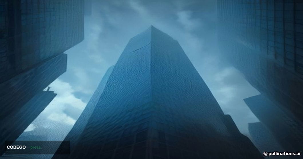A cinematic editorial photograph shot from a low angle looking up at a towering American bank headquarters — a sleek glass-an