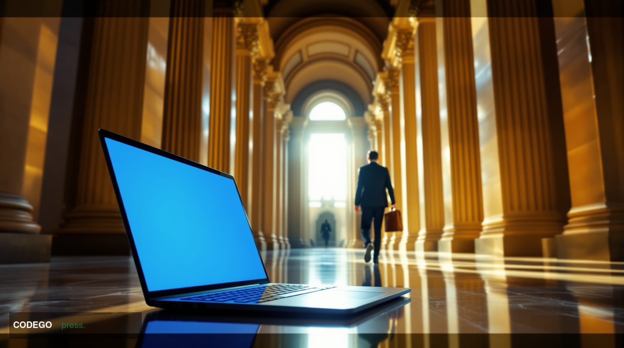 A cinematic editorial photograph set inside a monumental federal government building corridor — think neoclassical marble col