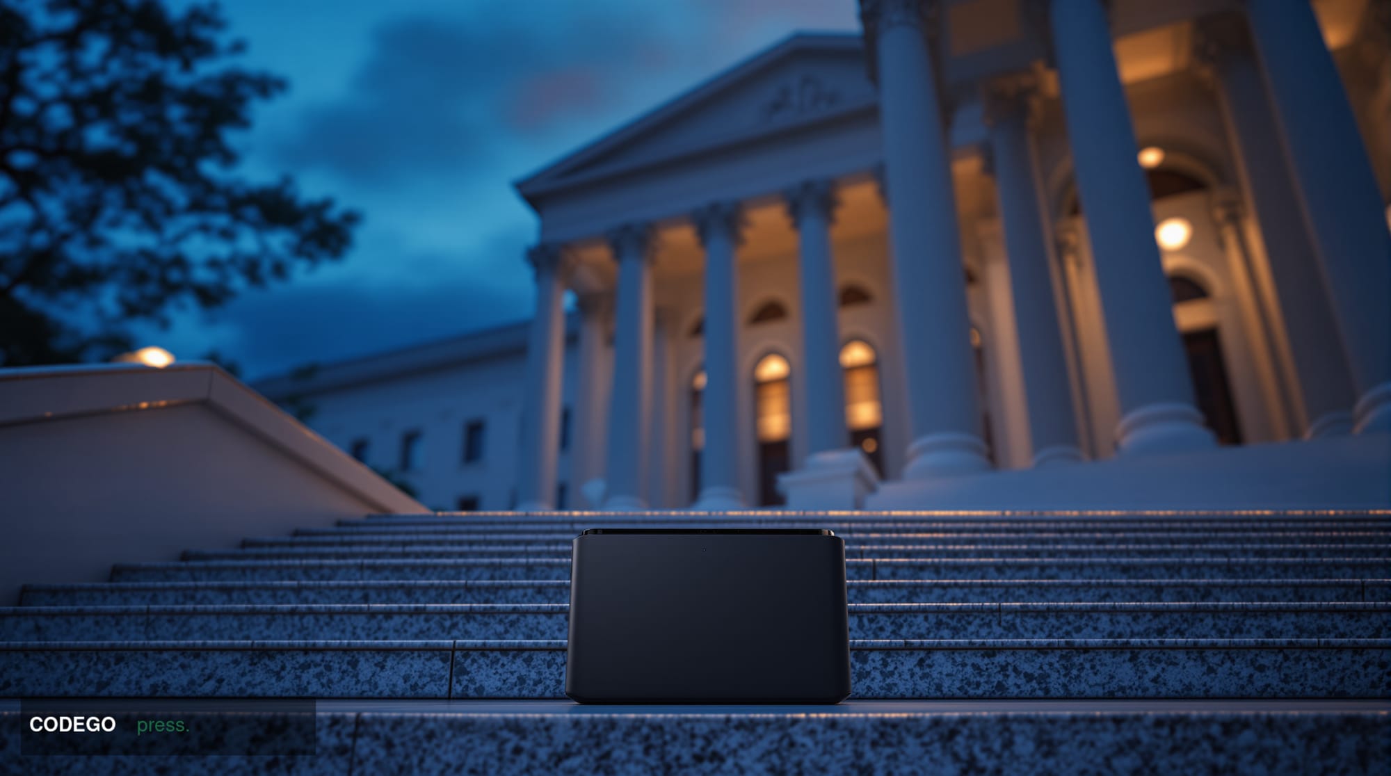 A dramatic cinematic editorial photograph taken at ground level looking up at the imposing neoclassical stone facade of a US 