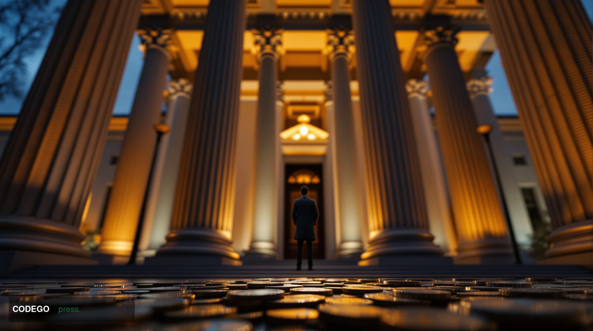 A cinematic editorial photograph shot from a low angle looking up at the neoclassical stone columns and granite facade of the
