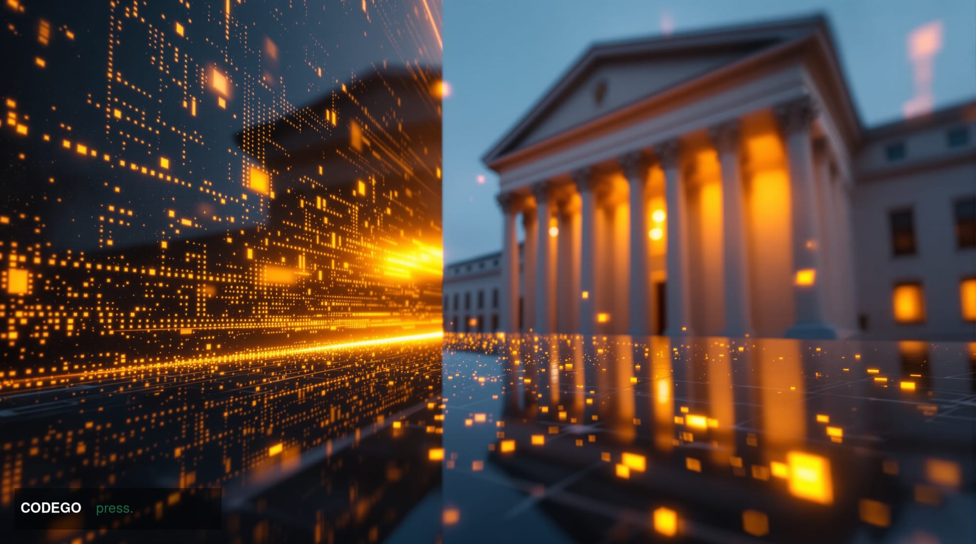 A cinematic editorial photograph set in Washington D.C., with the neoclassical facade of a federal government building — echo