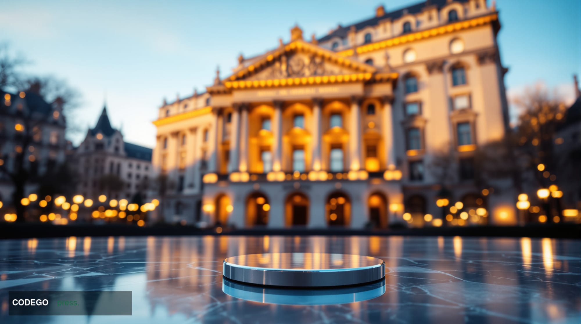 A dramatic cinematic editorial photograph of a grand European financial regulatory headquarters — a neoclassical stone buildi