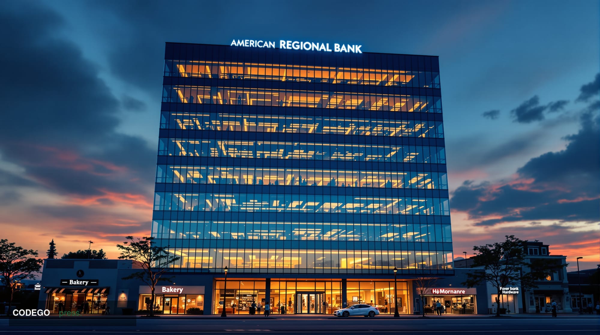 A photorealistic editorial photograph of a sleek, modern American regional bank headquarters building at dusk, rendered in ci