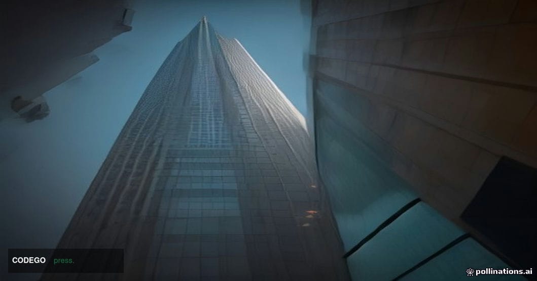A cinematic editorial photograph shot from a low angle looking up at two contrasting architectural structures side by side — 
