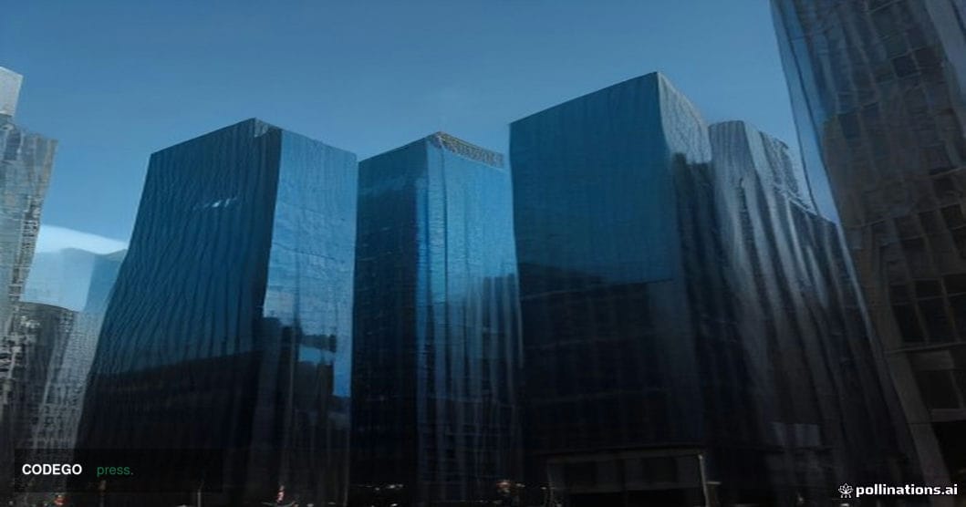 A dramatic split-composition editorial photograph taken at street level in a financial district, with a sleek modern glass-an