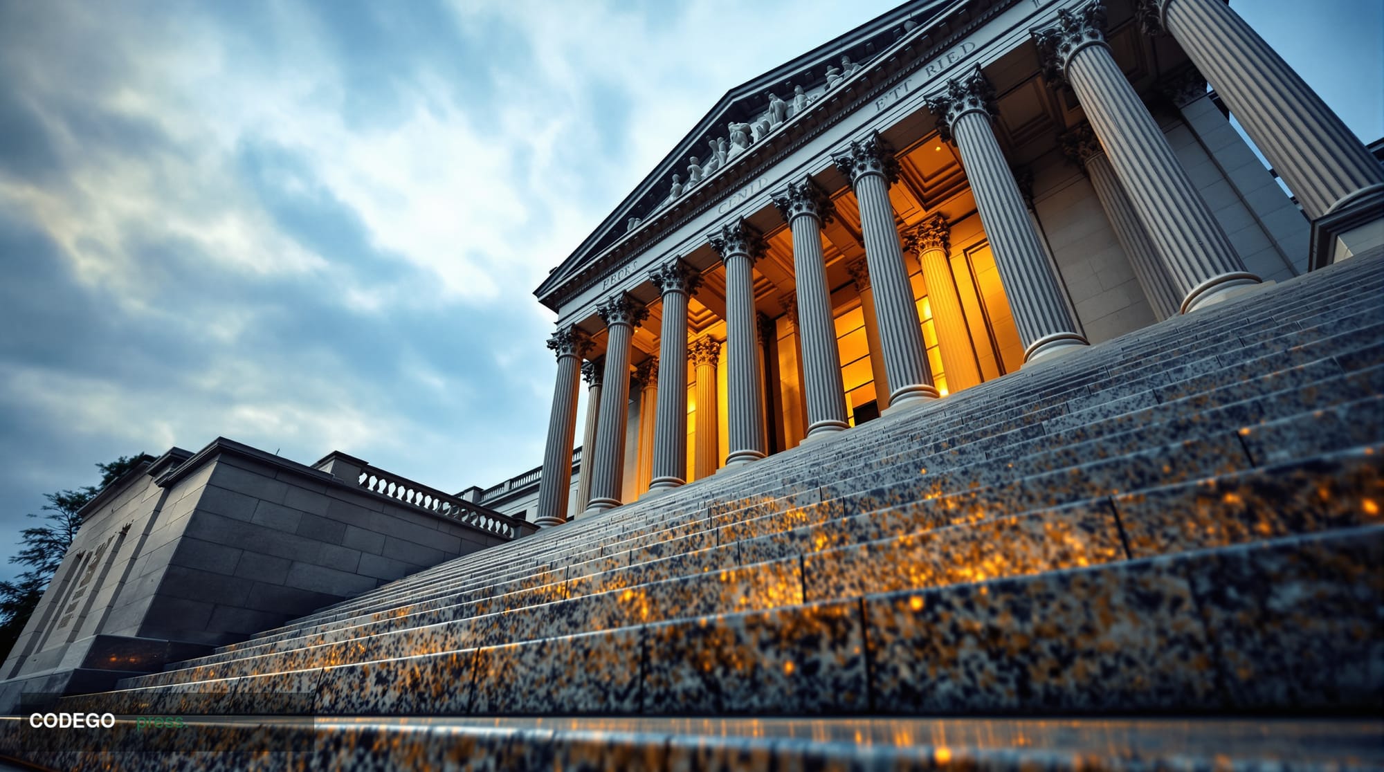 A dramatic low-angle shot of a monumental neoclassical government building exterior in Washington D.C., bathed in cold steel-