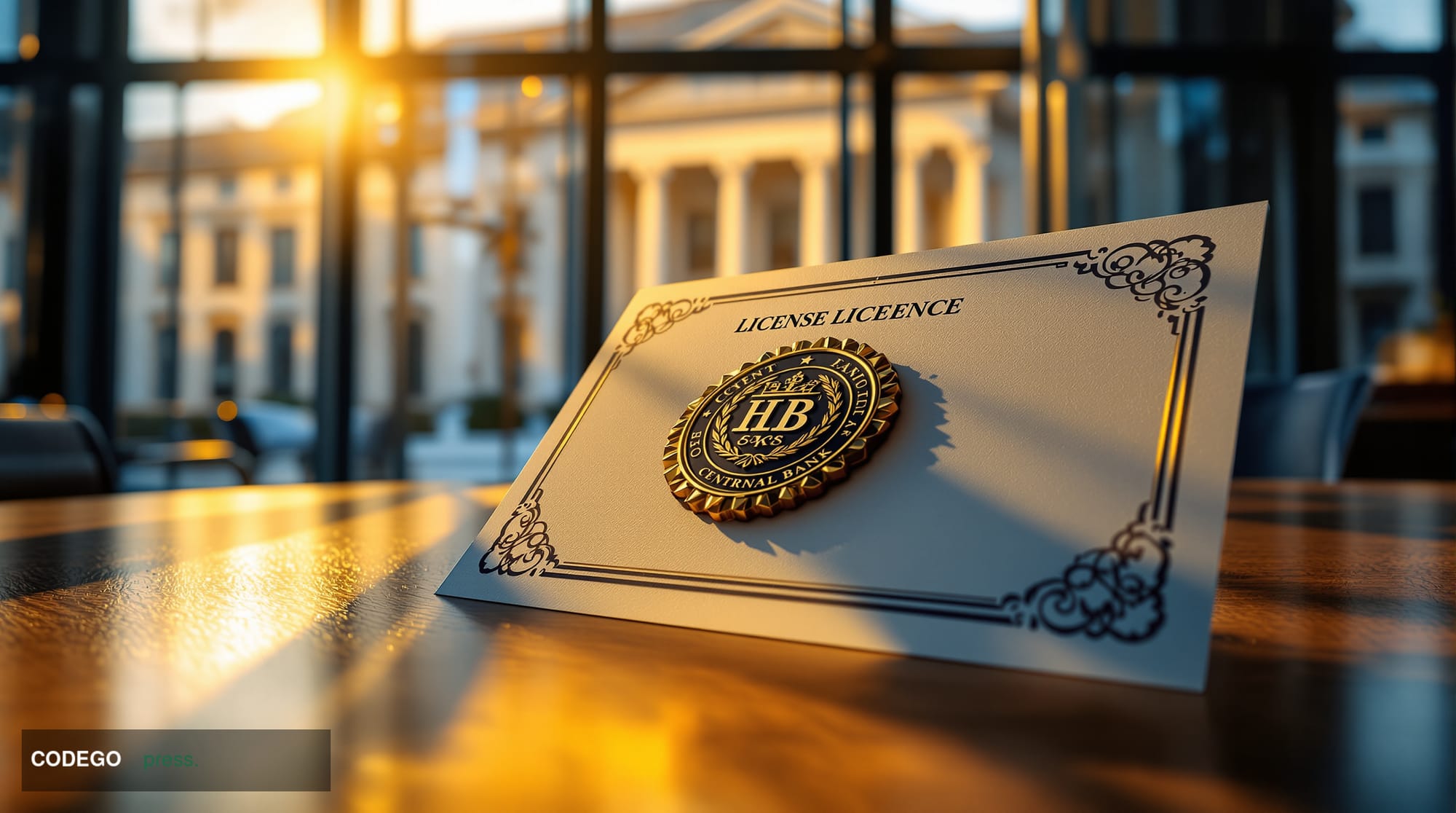 A modern financial regulatory office in Riga with an official document displaying an ornate government seal being presented a