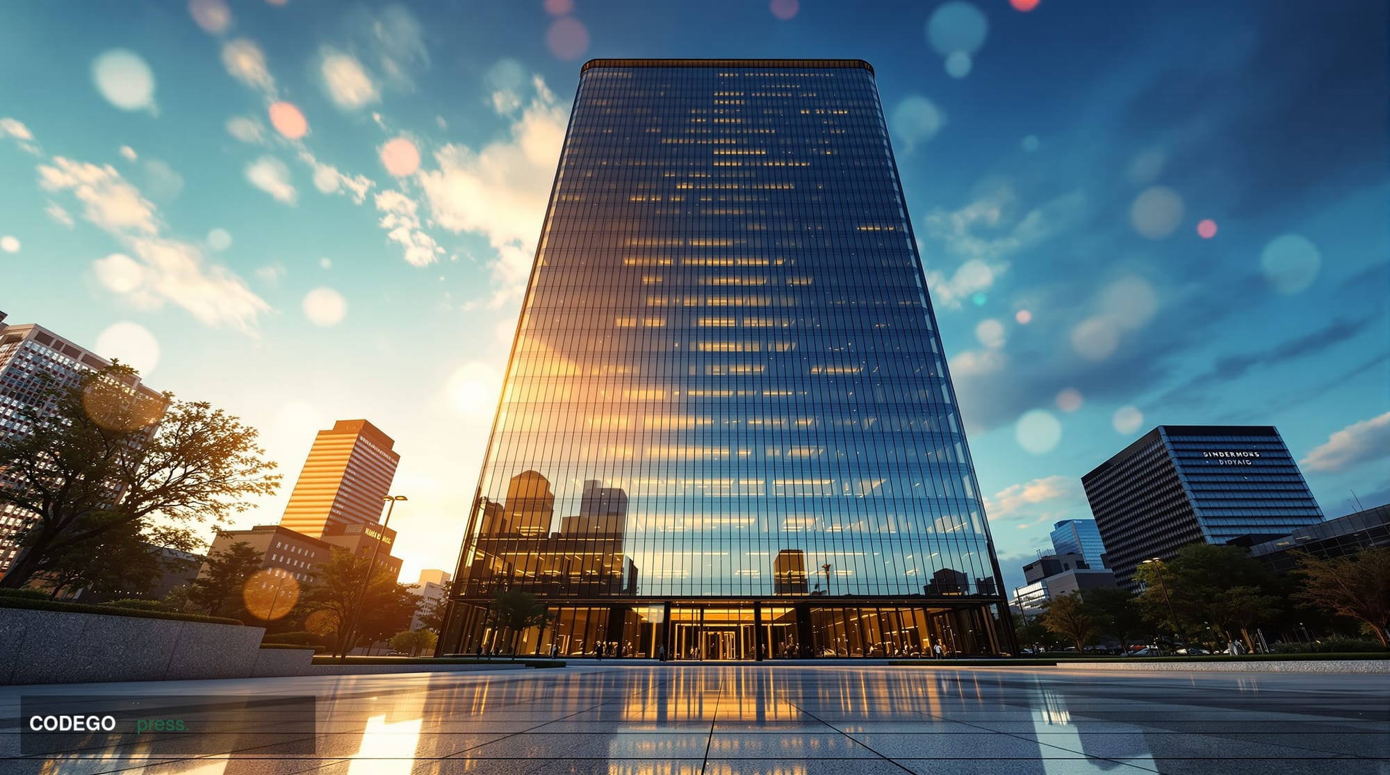 A cinematic editorial photograph of a sleek, modern corporate headquarters building with an all-glass facade reflecting golde