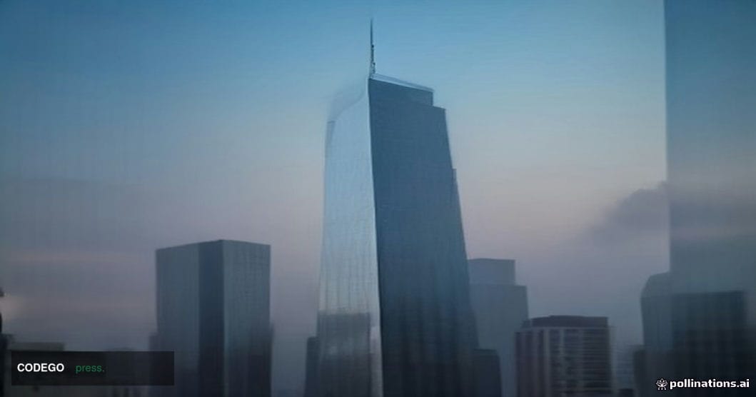 A cinematic editorial photograph shot from a low angle looking up at a sleek, modern glass-and-steel financial district tower
