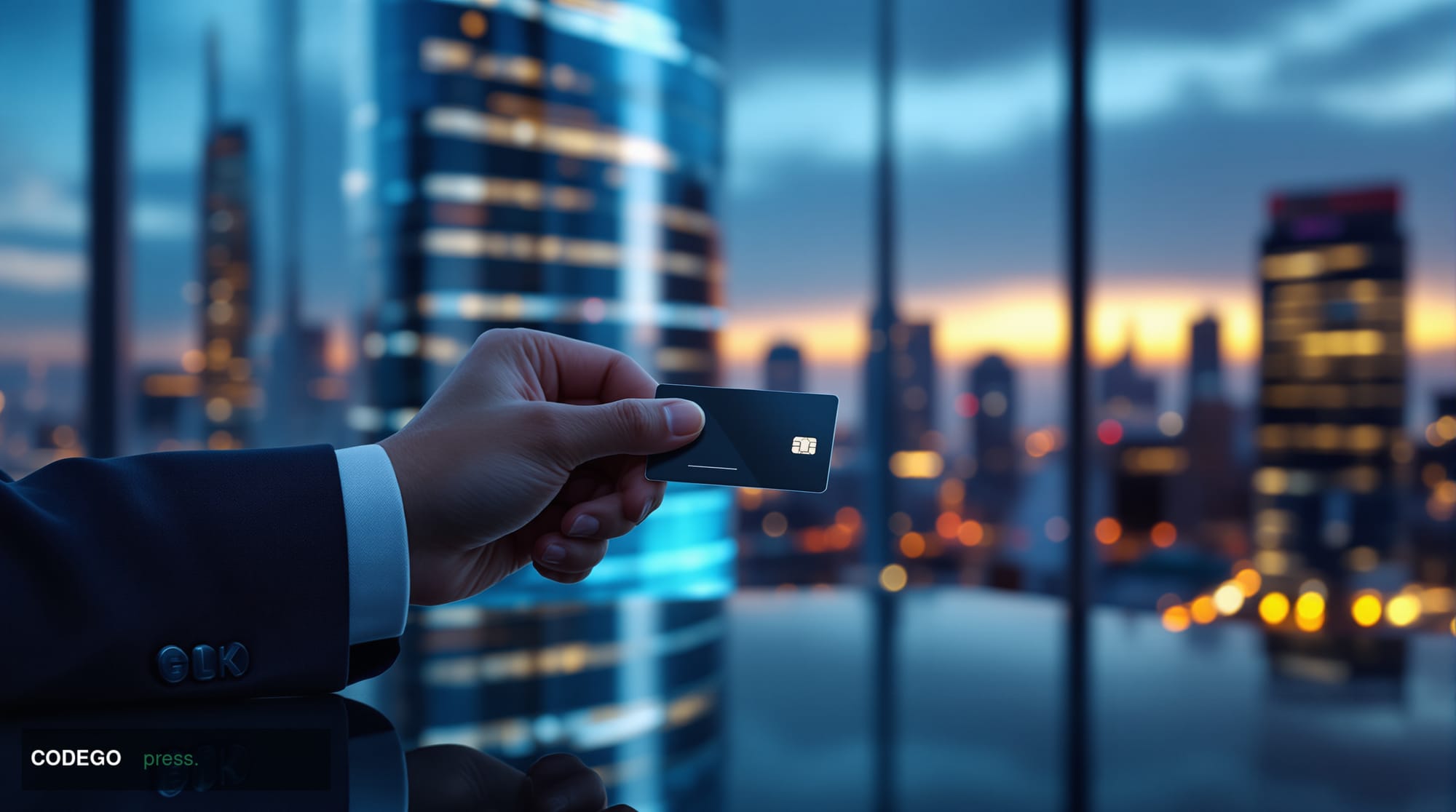 A cinematic editorial photograph capturing a sleek, modern financial district at dusk, anchored by a towering glass-and-steel