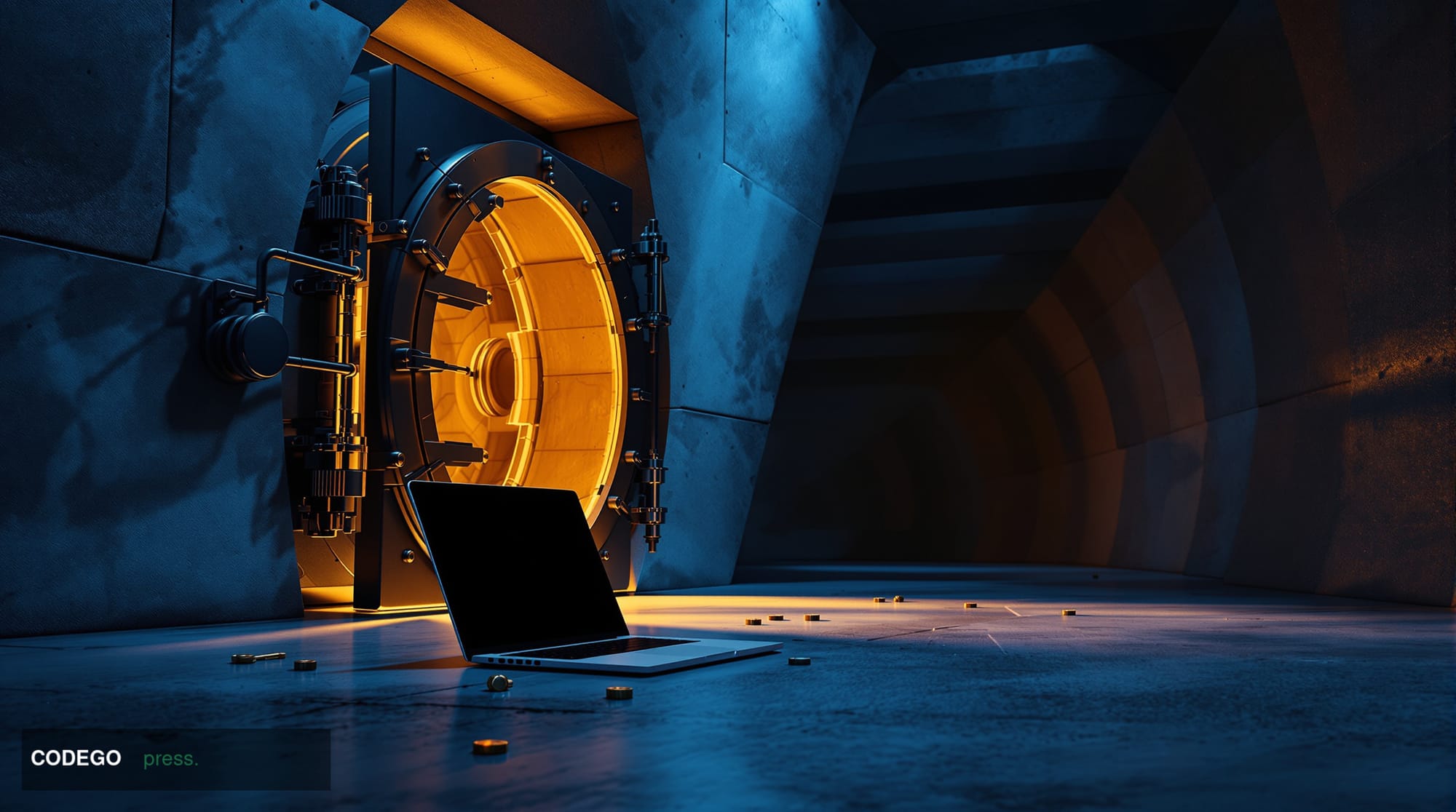A dramatically lit underground concrete bunker environment reimagined as a futuristic cryptographic security vault, shot from