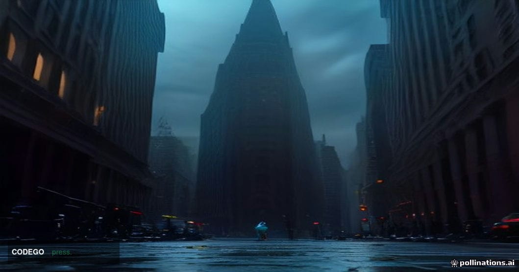 A dramatic cinematic editorial photograph set at dusk on Wall Street, New York City, with the iconic Federal Hall columns vis